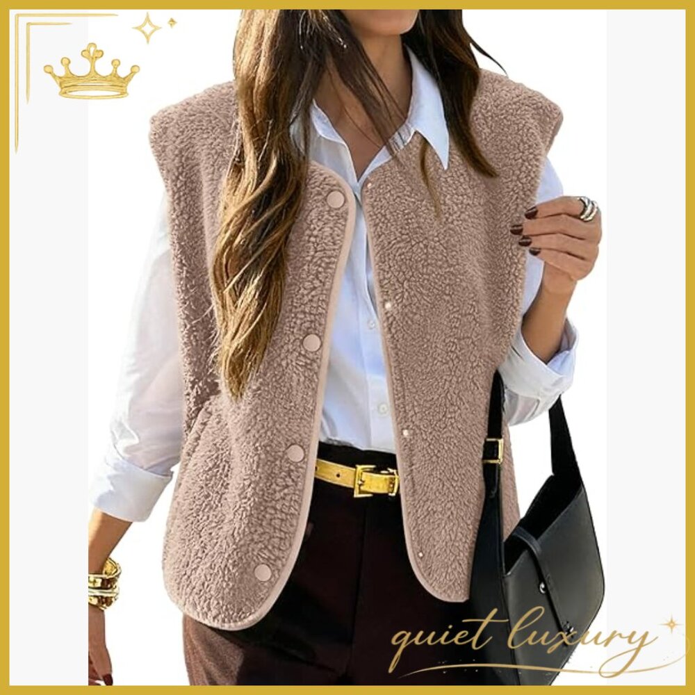 Large Fleece Vest Sleeveless Sherpa Jacket Button Front Fuzzy Warm Outerwear